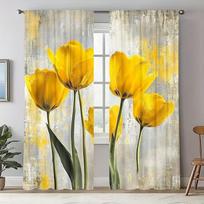Set Of 2 Yellow Tulip Print Curtains Suitable Bedroom Living Room Kitchen Decoration Home Window Curtain Polyester Ideal For Great W100*H70(CM)-Hooks&2PCS