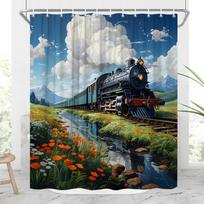 Train Shower Curtain Vintage Old Steam Engine In The Field Railroad Tracks Wildflowers Floral Farmhouse Landscape Bathroom Decor W60H190(CM)-1 Pcs