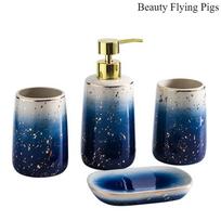 4pcs Ceramic Bathroom Washbasin Set Mouthwash Cup Emulsion Is Bottled Soap Dish, Bathroom Accessories, Plastic Pump Head
