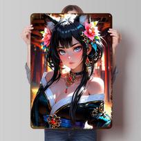 Anime Girl With Fox Ears and Flowers Printed Poster Customized Wall Art Retro Vintage Metal Tin Signs for Home Decoration Room 20X30CM