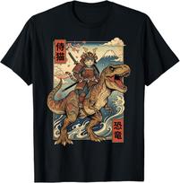 Samurai Cat Riding Dinosaur Japan T-Rex Katana Graphic T- Unisex T-Shirt XXXL