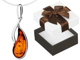 Short Silver Women's Necklace Drop With Amber Teardrop Choker 40 Cm