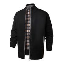Autumn Winter Men Thick Knitted Zip Up Cardigan Stand Collar Plaid Fleece Lined Knit Sweater Coat Ribbed Cuff Warm Solid Color Casual Jacket M