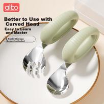 Albo Children's Spoon, Baby Feeding Utensils, Stainless Steel Fork And Spoon Set, Infant Silicone Short Handle Training Spoon for Complementary Food