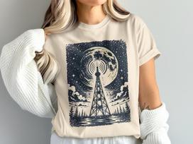 Night Sky Radio Tower T-Shirt, Full Moon Signal Tee, Cosmic Broadcast Art Shirt, Forest Communication Apparel, Unique Space Tee 2XL
