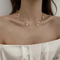 Elegantiškas dvigubos grandinėlės su perlais Choker karoliai Korėjietiški mados papuošalai Seksualus raktikaulio grandinėlės moteriai onesize