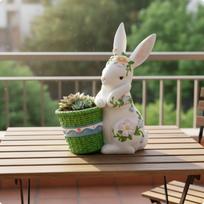 Hare Basket Planter WovenStyle Resin Floral Motif Animal Figurine for Courtyard,