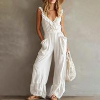 Women's V Neck Zip Pocket Sleeveless Ruffle Wide Leg Jumpsuit L balta