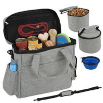 Dog Travel Bag, Waterproof Walking Bag with Multiple Pockets, Two Food Containers and Collapsible Bowl for Cat Puppy 38 x 17 x 35 cm šviesiai pilka spalva