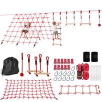 Ninja Line Kids 10m Slackline Set with Gymnastic Rings Swing Climbing Ladder Climbing Net for 3-6 Years 1000x300x180 cm Red 1000 x 300 x 180 cm