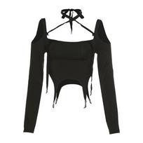 Wear Cross-tie Long-sleeved T-shirt Women's Versatile Sexy Short Top S