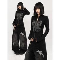 Women Autumn Y2K Zip Up Cardigan Gothic Print Slim Fit Top S juoda