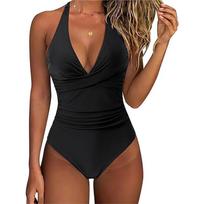 Women's Black Halter V Neck Cross Ruched One Piece Swimsuit S