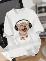 Unisex's Funny Cat With Headphones T-Shirt, Casual Crew Neck Short Sleeve Tee S