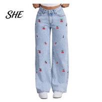 Comfortable Stretch Jeans Girl's Bow Cherry Print Baggy Jeans, Wide Leg Mid Waisted Personalized Design Denim Pants, Zipper Fly Elastic Casual S