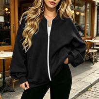 Women's Long Sleeve V-Neck Zip-Up Jacket, Casual Color Loose Fit Outerwear L juoda