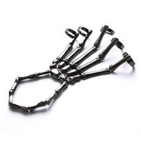 Punk Skeleton Hand Bone Five Finger Ring Bracelet Adjustable Halloween Bracelet juoda