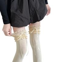 Elegant Womens Ruffled Lace Trim Thigh High Socks with Bowknot Cotton Warm Over Knee Stockings for Dresses and Shorts balta