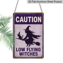 2D Flat Caution Low Flying Witches Black Cat Broomstick Retro Purple Halloween Metal Sign - 8.0x12.0inch Aluminum Wall Art, Vintage Halloween Yard 20*30cm