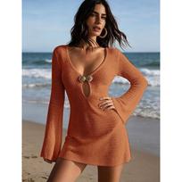 Women's Fashion Deep V-Neck Long Sleeve Bikini Cover Up Top L oranžinė