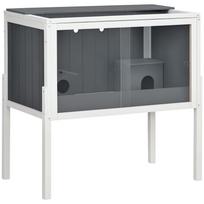 Wooden Hamster Cage for Dwarf Hamsters, Gerbils, Rutin Chicken, with Shelf, Two Huts - Grey 82 x 45 x 81 cm tamsiai pilka spalva