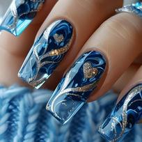 24pcs Press On Nail Gold Glitters Heart Blue Blooming Design Stick on Nail Manicure Nail Accesories for Daily Use 1