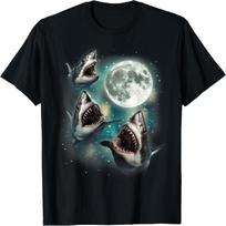 Three Shark Moon _ 3 Great Whites Howling Wolfs Moon Parody T-Shirt S juoda