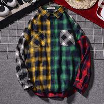 Men's  Casual Fashion Plaid Stitching Contrast Printing Loose Lapel Long Sleeve Shirt Tops Blouse XXL raudona