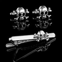 Punk Mens Cross Bone Skull Head Shaped Design Cufflinks&Tie Clip Set Formal Party Business Tuxedo Shirts Jewelry Accessories