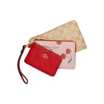 COACH Corner Zip 20 Heart Cherry Print Coated Canvas and Smooth Leather Clutch Small Women's Khaki Presbyopia ruda