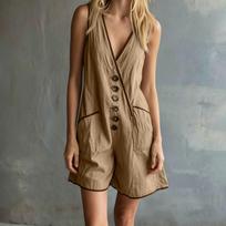 Women’s Sleeveless Linen Blend Loose Fit Vintage Overall Romper Button Front Casual One Piece Shorts Jumpsuit M chaki