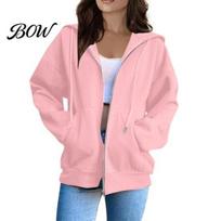 Solid Color Coat Women Zip-Up Hoodies, Casual Long Sleeve Sweatshirt with Pockets, Fall Winter Apparel Drawstring Hooded S rožinė