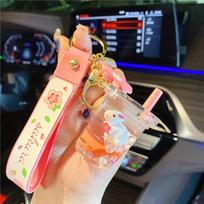 Liquid Bag Pendant Floating Liquid Keychain Boba Keychain Rabbit Milk Tea Cup Keyring Key Ring Boba flat