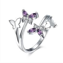 Inel Dama S925 Silver Ring with Zircon and Purple Crystals Adjustable Opening