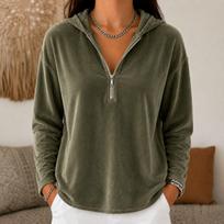 Women's Half Zip Velour Hoodie Loose Fit Casual Hooded Sweatshirt L armijos žalia spalva