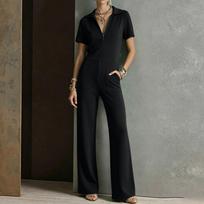 Women's Color Short Sleeve Lapel Collar Front Zip Wide Leg Jumpsuit with Pockets L juoda