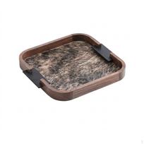 Leather Edged Wood Tray Rounded Square Decorative Low Sided Home Decor Tiger Stripe Walnut