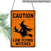 2D Flat Caution Low Flying Witches Black Cat Broomstick Vintage Halloween Metal Sign - 8.0x12.0inch Aluminum Wall Art, Retro Orange Halloween Yard 20*30cm