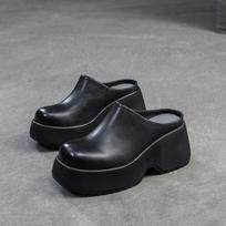 Women's Vintage Thick-Soled Clogs - Top Layer Cowhide Square Toe Platform Slippers, Retro Minimalist Closed-Toe Mules 34 juoda
