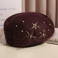 Women's Hat Elegant Mesh Bow Wool Beret - Autumn Winter Chic Socialite Painter Hat British Style Small Hat m (56-58cm) adjustable