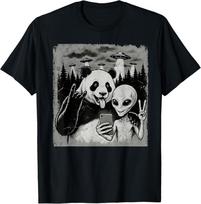 Funny Panda and Alien Rock On Hand Sign UFO Selfie T‑Shirt M
