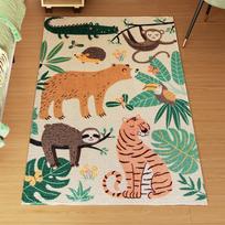 Fleece Rug with Jungle Pattern, Easy Care, Cream White + Multicolor 150 x 80 x 1 cm