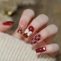 24pcs Glossy Red Press On Nails with Checkerboard Heart and 3D Bow Design - Full Cover Medium Square False Nails for Women and Girls - Perfect X102