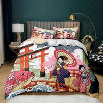 Japanese Style Bedding Set Traditional Kimono Motifs Comforter Cover Queen SizeTokyo Duvet Cover Geisha Japan Asian Quilt Cover EU Single(135*200cm)3pcs
