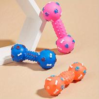 Durable Vinyl Dog Toy Dumbbell with Squeaker - Fun Paw Print Design for Chewing and Teeth Cleaning 1PC