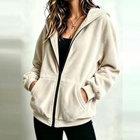 Women's Casual Zip-Up Hoodie, Loose Fit, Color, Long Sleeve L smėlis