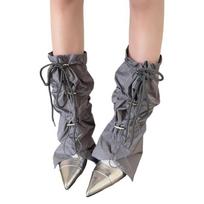 Women Punk Baggy Loose Leg Warmers Gaiters with Drawstring Harajuku Cargo Foot Cover Flared Footless Socks Streetwear pilka spalva