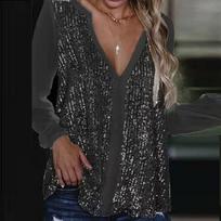 Women's Casual Fashion Color Shiny Sequin Stitching V-neck Long-sleeved Chiffon Top M juoda