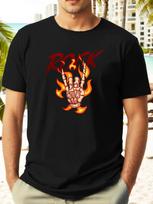 ROCK  Flames Hand Graphic T-shirt - Casual Summer Short Sleeve Tee S