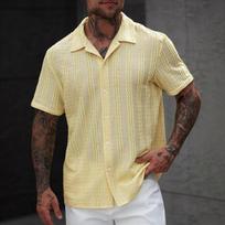 Men S Short Sleeve Striped Tropical Style Loose Turn Down Collar Casual Shirt S geltona